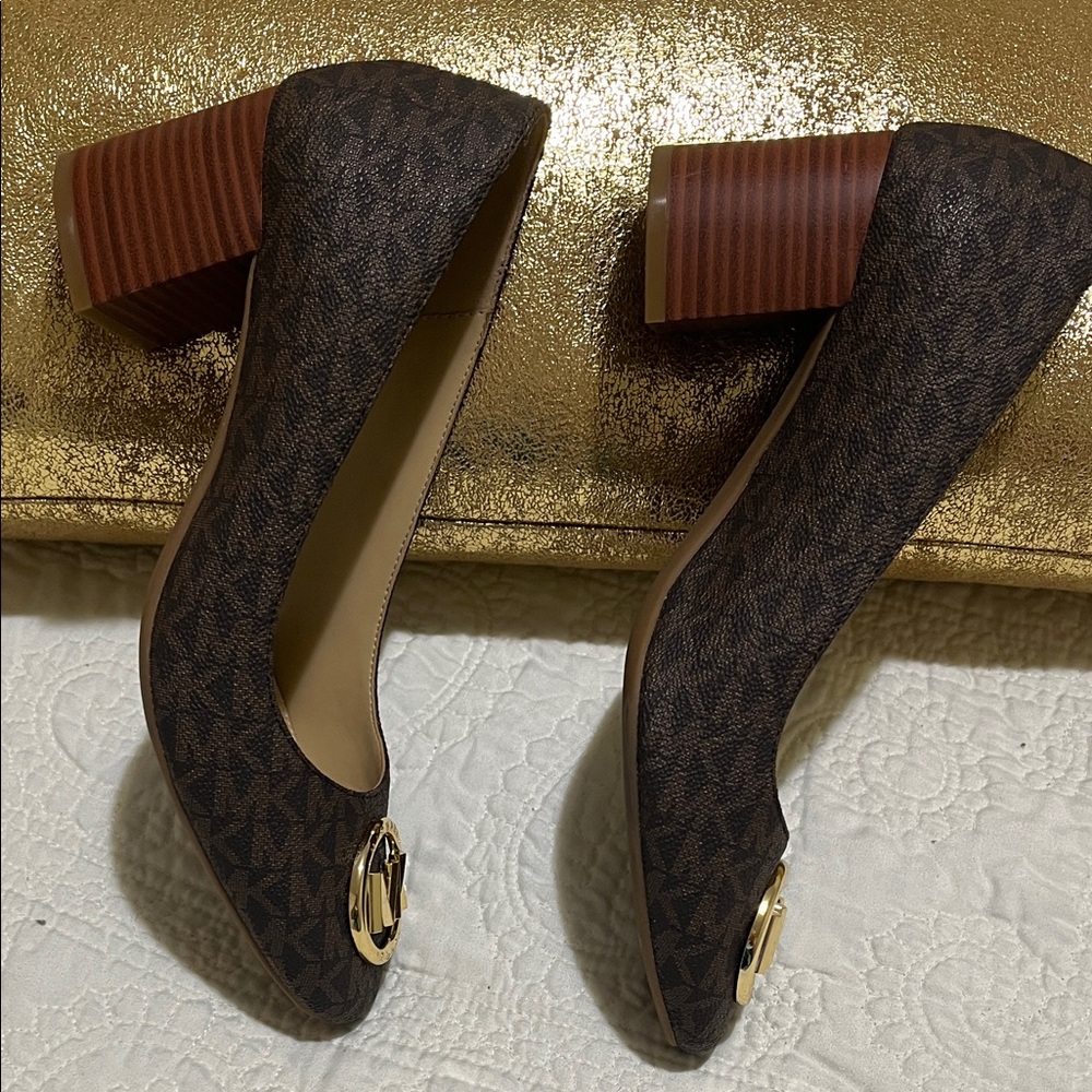Michael Kors Dark Brown Square Heels  with Gold Logo - Picture 3 of 7